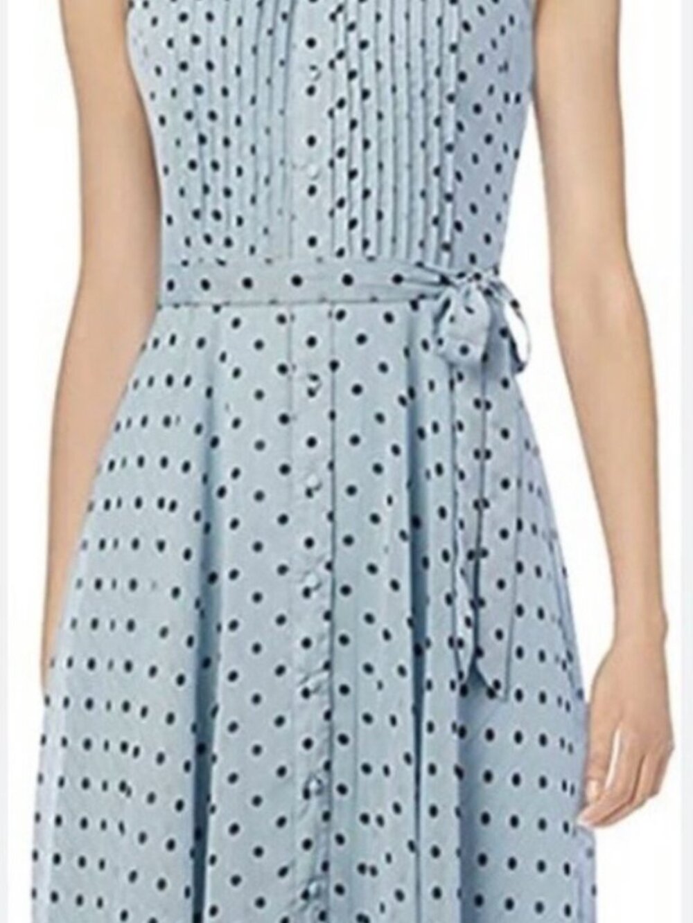 Light blue sleeveless pintuck polka dot dress